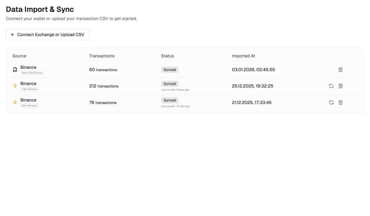 CryptoTaxBridge imports screen