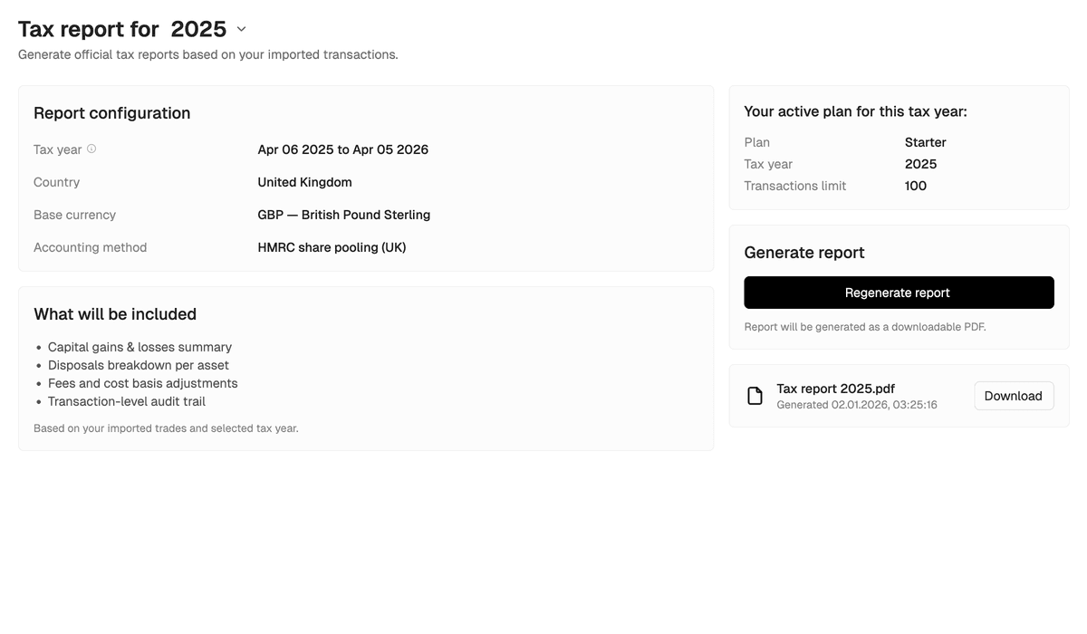 CryptoTaxBridge reports screen