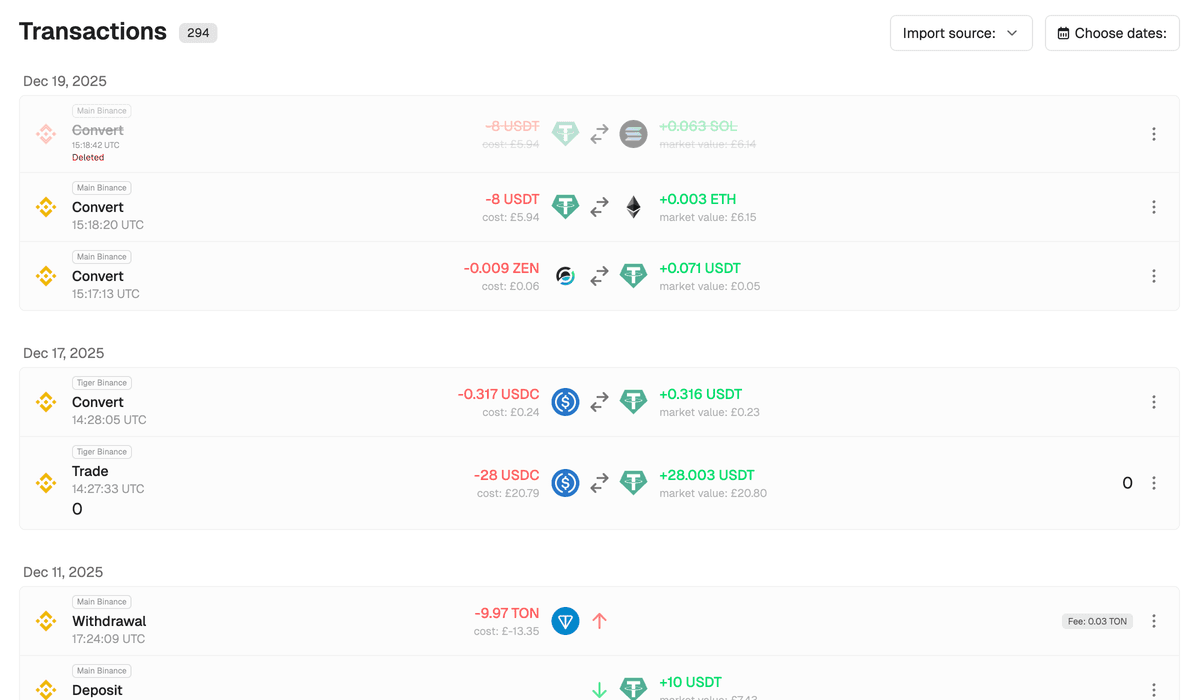 CryptoTaxBridge transactions screen